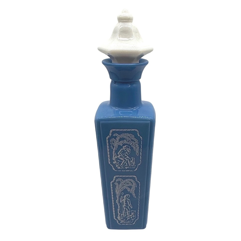 Vintage Jim Beam 1960sBlue Milk Glass Decanter Pastoral Scene White Stopper
